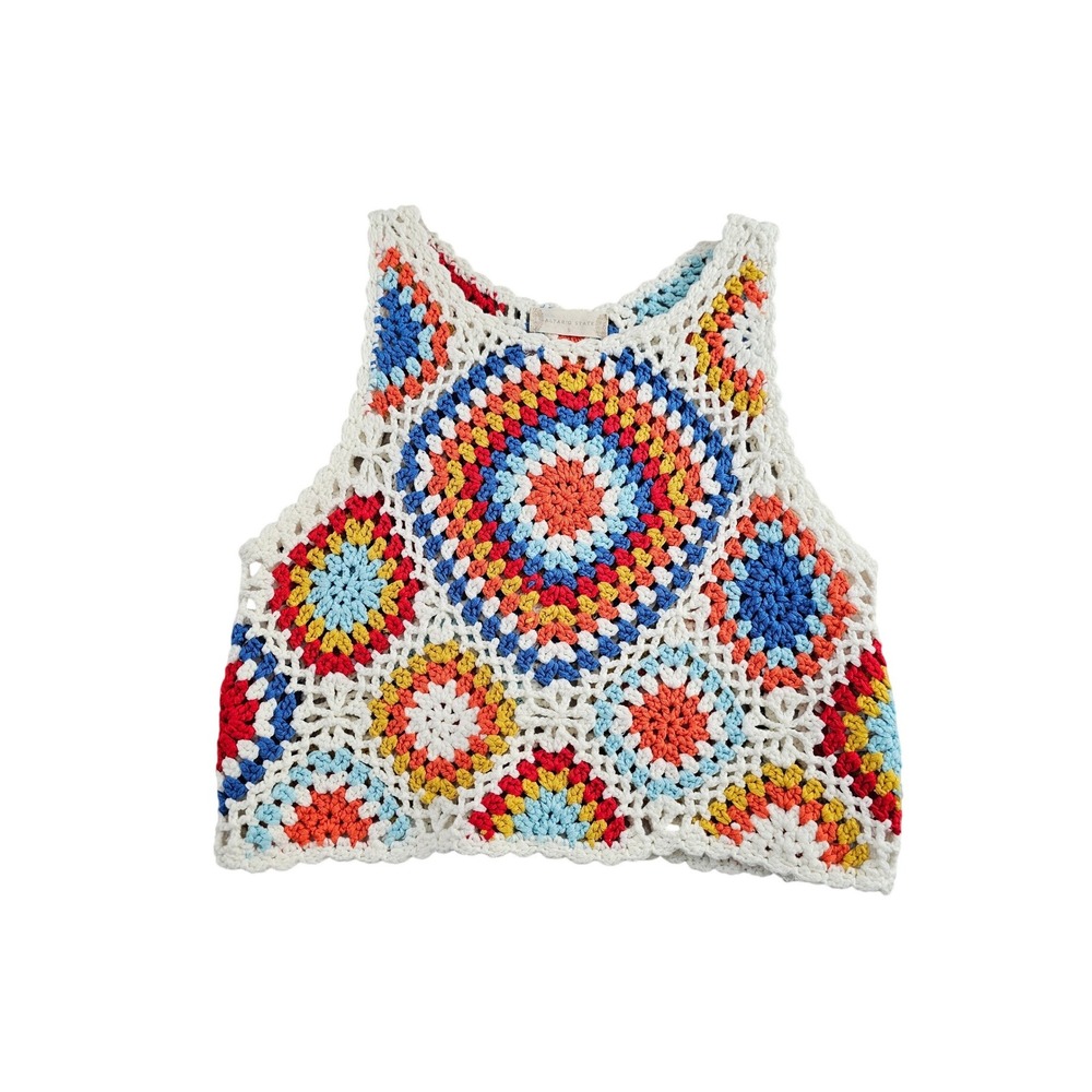Womens Crop Crochet Granny Square Tank Top Multi Color Boho Festival Hippie EUC
